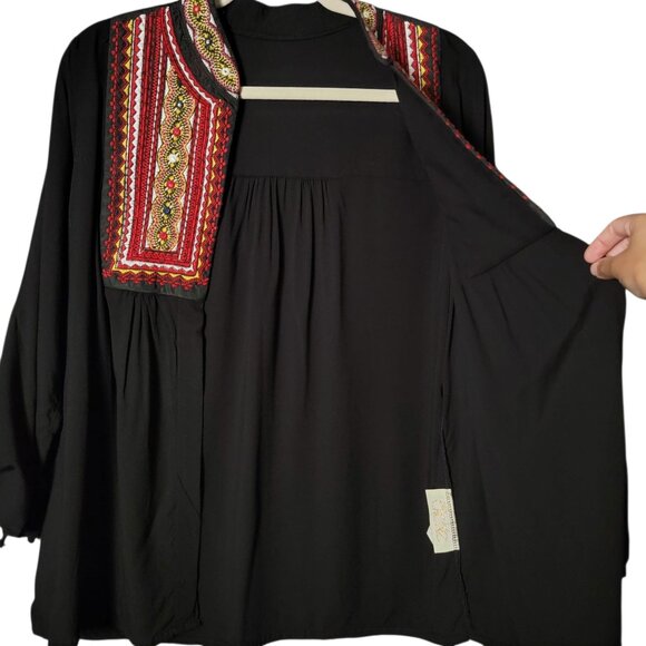 Moda Cache Womens Black Mexican Embroidered Artisan Peasant Open Front Top Large - Picture 3 of 11